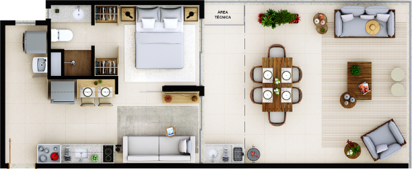 Quarto e sala com terraço gourmet e área de serviço - tipo D